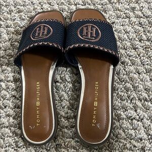 Tommy Hilfiger Black and Brown Slide Sandals